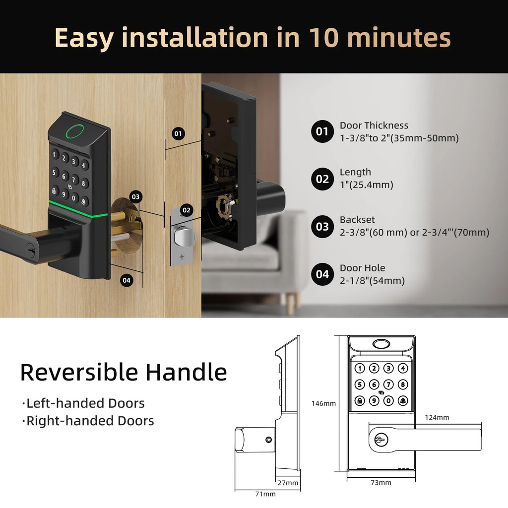 Smart Fingerprint Door Lock Passcode Unlock Electronic Touchscreen Keypad Handle TYPE-C Interface App Control
