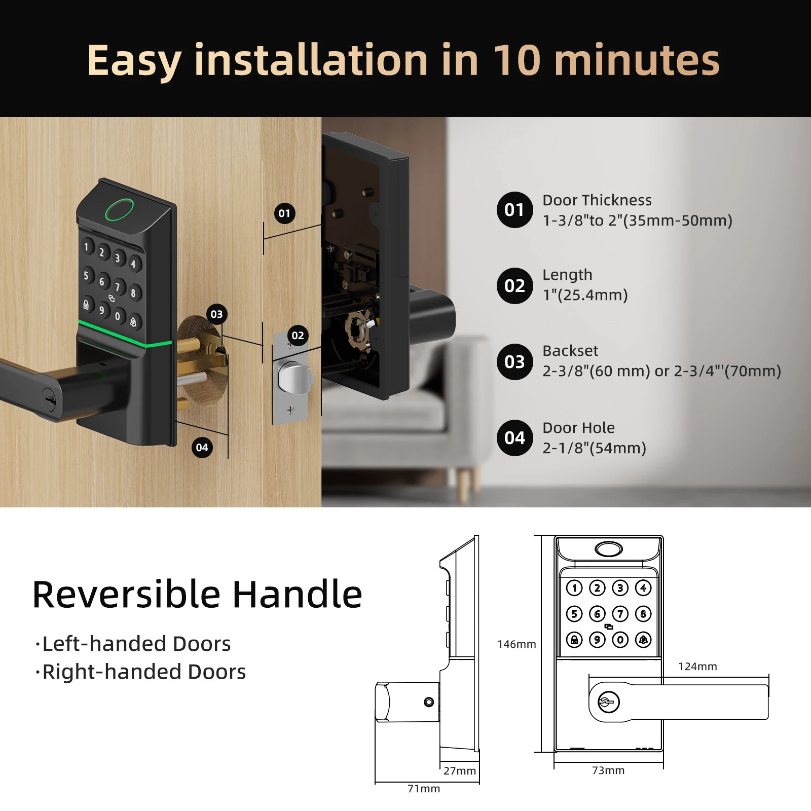 Smart Fingerprint Door Lock Passcode Unlock Electronic Touchscreen Keypad Handle TYPE-C Interface App Control